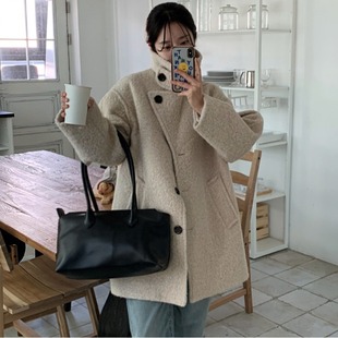 韩国东大门复古气质可立领斜扣设计风衣圈圈毛中长款毛呢大衣外套