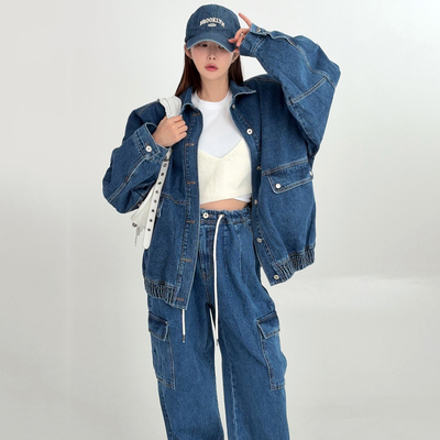 韩国口袋宽松牛仔外套工装牛仔裤