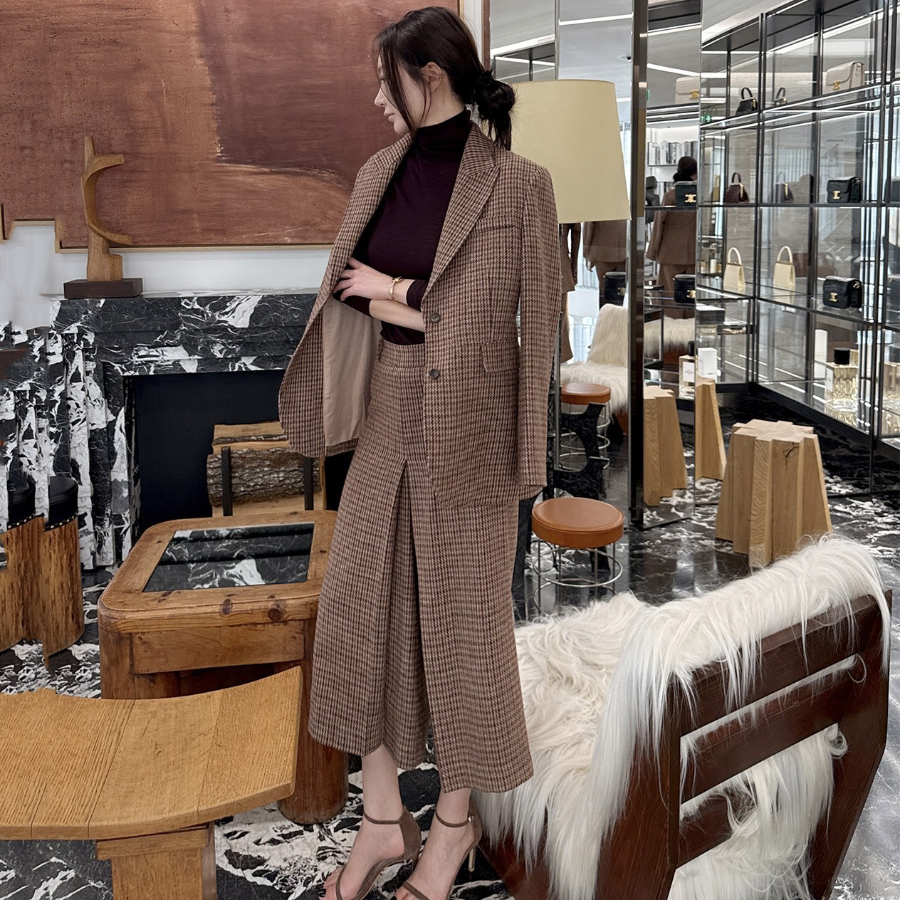 韩国千鸟格毛呢西装外套半身裤裙