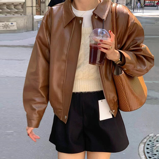 韩国东大门复古翻领拉链宽松休闲百搭水洗PU皮衣机车夹克外套女