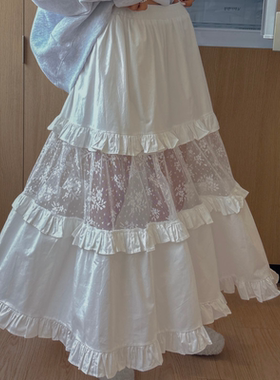 韩国东大门设计松紧腰木耳边蕾丝网纱拼接蛋糕半身裙女伞裙长裙子