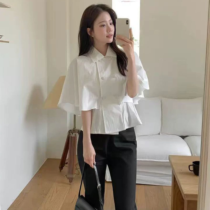 韩国翻领收腰系带斗篷式衬衫女