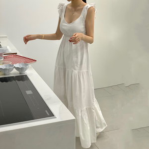 韩国东大门2024夏装时尚方领小飞袖荷叶边高腰长款无袖连衣裙长裙