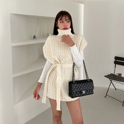 韩国高领麻花中长款毛衣