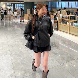 韩国东大门复古高级感单排扣拉链飞行立领pu皮衣配挎包短外套夹克