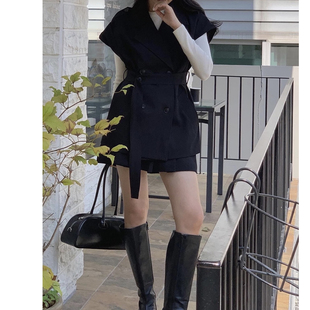 韩国东大门时尚翻领坎肩无袖短款风衣马甲女外套+百褶短裙两件套