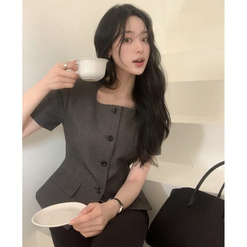 韩国小香风方领收腰短袖衬衫外套