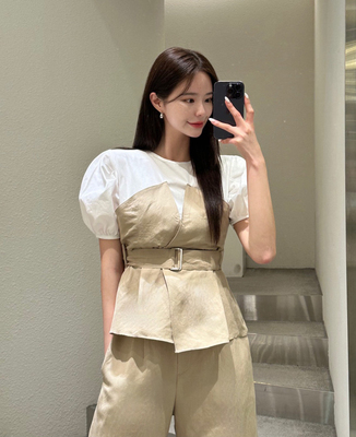 韩国拼色假两件衬衫休闲裤套装