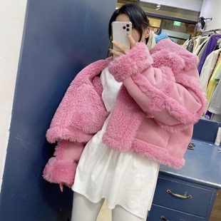 韩国东大门2025冬新款宽松羊羔毛外套女皮毛一体毛绒大衣机车服