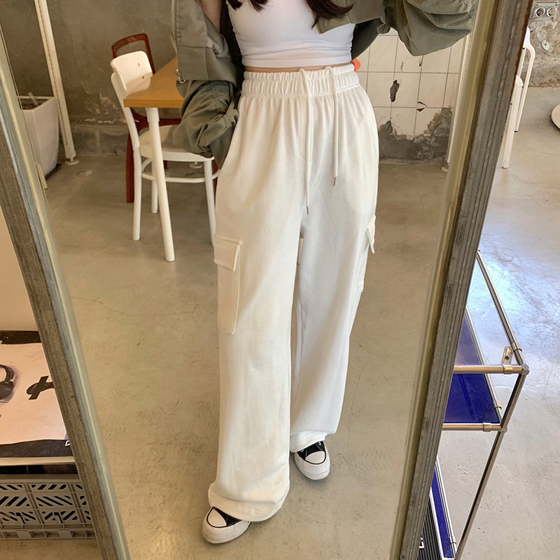 韩国东大门2025新款松紧高腰白色工装运动休闲裤女宽松直筒卫裤女