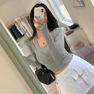 韩国东大门设计感挂脖系扣修身显瘦拼接假两件长袖T恤女打底衫