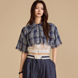 韩国东大门洋气翻领宽松格子流苏收腰短袖衬衫女休闲百搭短款小衫