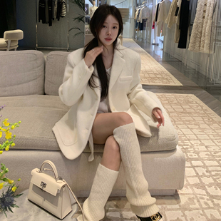韩国东大门白色西装羊毛呢外套女中长款宽松显瘦加厚保暖呢子大衣