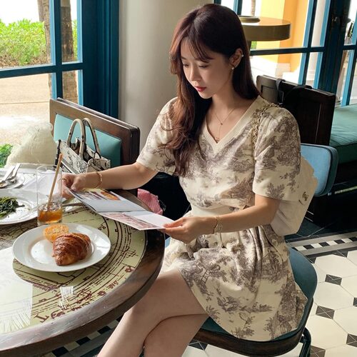 韩国水墨印花短袖T恤女短裤套装