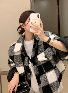 韩国东大门羊羔毛夹棉格子加厚外套女气质复古毛茸茸宽松短款棉服