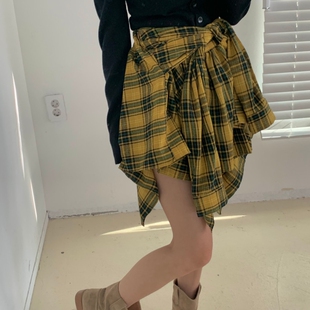 韩国东大门2025夏高腰绑带设计感显瘦休闲不规则格子半身裙短裙女