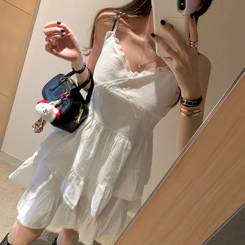 韩国白色仙女蕾丝吊带蛋糕裙