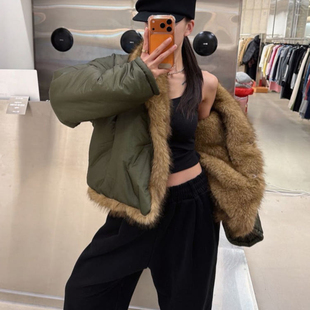 韩国东大门双面穿大毛领仿狐狸毛皮草外套女宽松加厚保暖羽绒棉服
