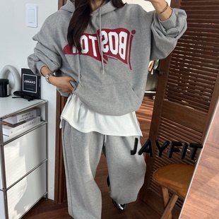 韩国东大门时尚字母印花加绒卫衣上衣+高腰束脚休闲卫裤两件套装