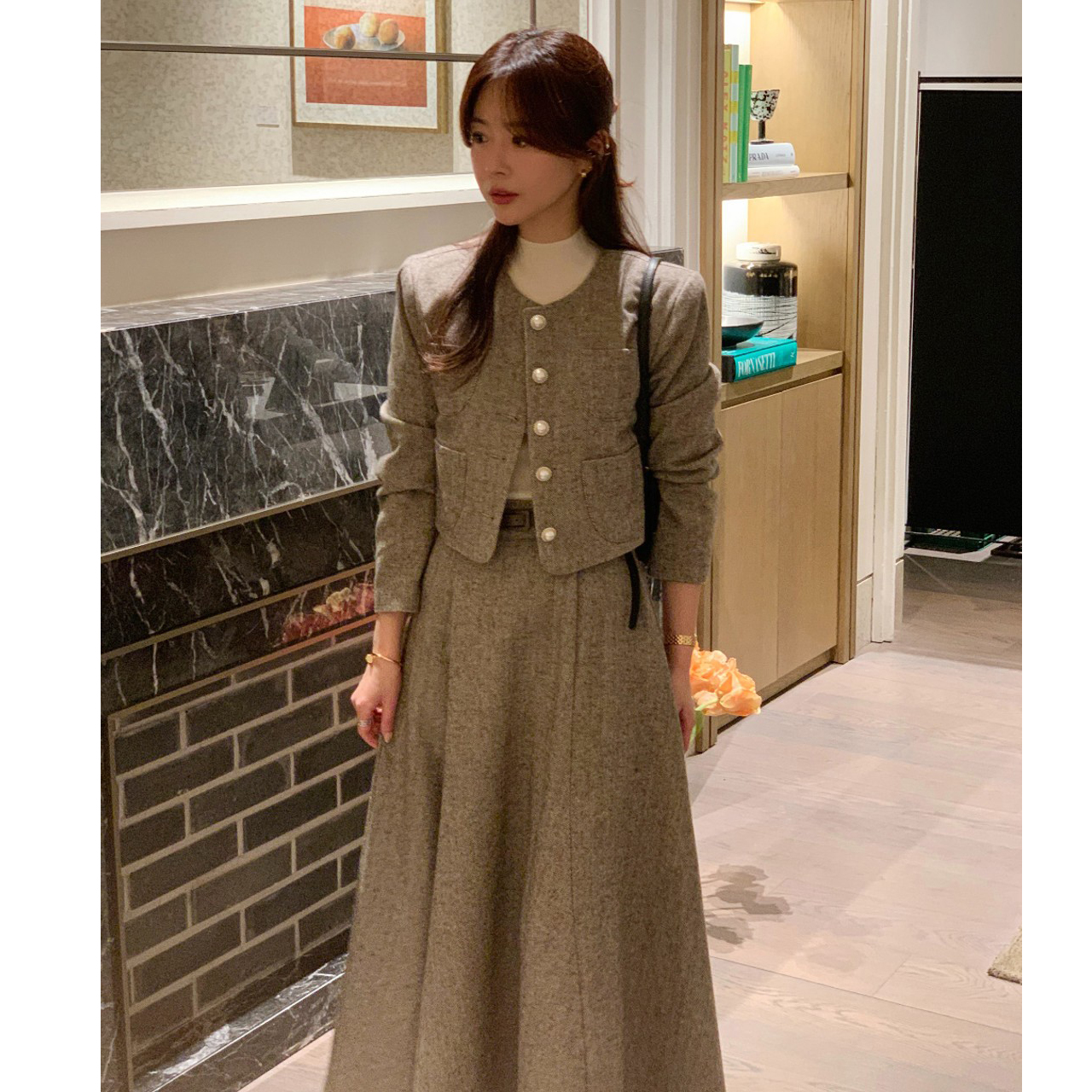 韩国小香风粗花呢短外套+半身裙