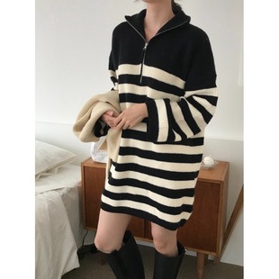 韩国东大门半拉链翻领直筒中长款撞色条纹保暖针织毛衣连衣裙女