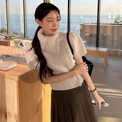 韩国泡泡短袖不规则毛衣针织衫