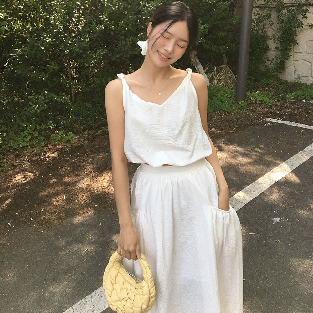 韩国东大门宽松褶皱V领松紧边吊带背心女+松紧腰半身长裙伞裙套装