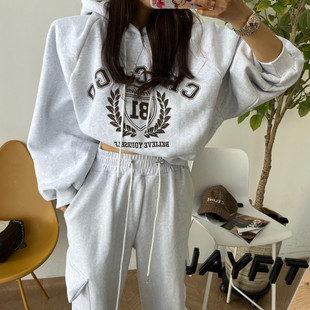 韩国东大门字母印花连帽宽松加绒卫衣女+松紧腰休闲卫裤两件套装