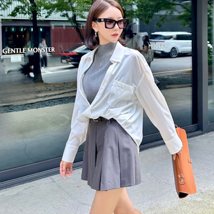 韩国东大门设计感假两件衬衣女慵懒风宽松半高领毛衣拼接白色衬衫