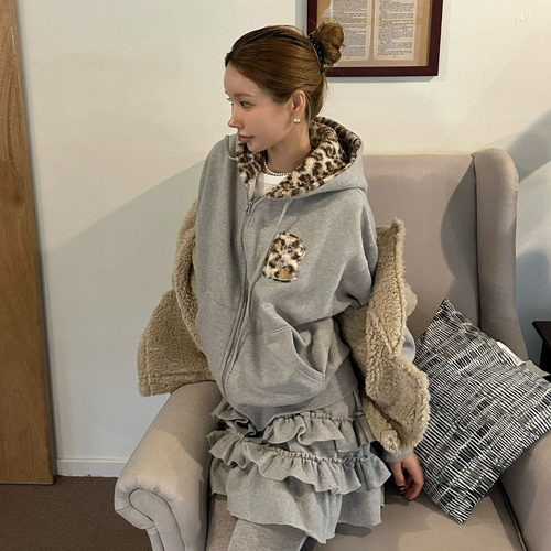 韩国豹纹毛绒连帽加绒卫衣套装女