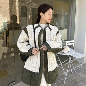 韩国东大门设计麻花拼接假两件毛衣开衫宽松中长款保暖棉服外套女