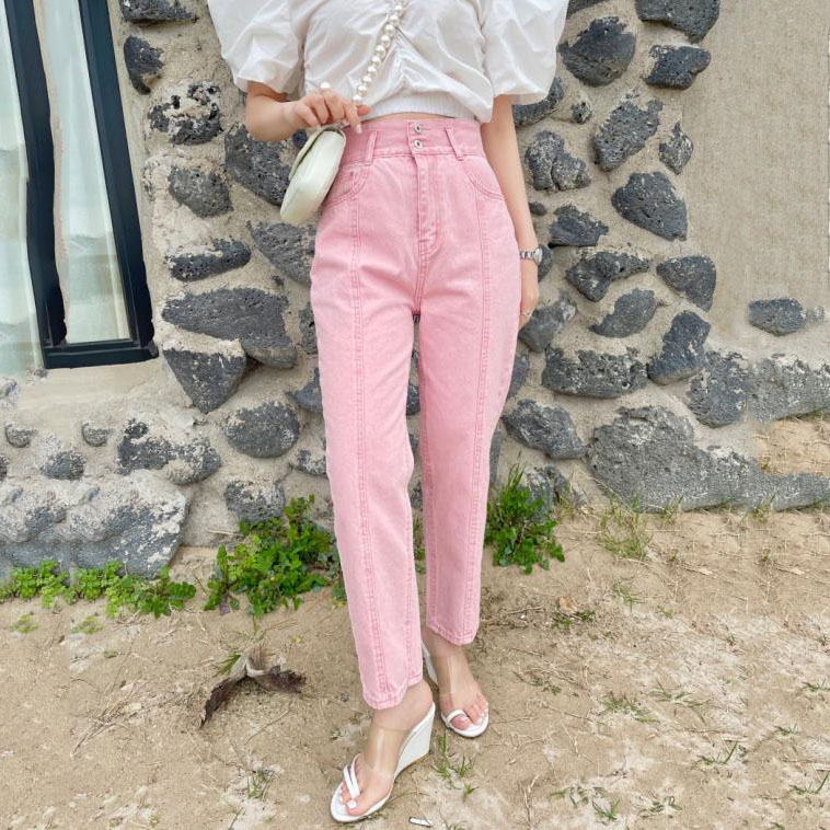 韩国东大门2023新款百搭高腰宽松显瘦小脚老爹牛仔裤少女粉哈伦裤