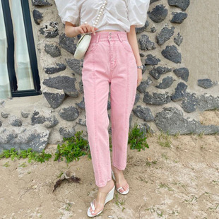 韩国东大门2023新款百搭高腰宽松显瘦小脚老爹牛仔裤少女粉哈伦裤