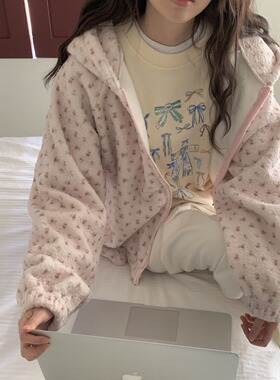 韩国东大门费尔岛撞色提花摇粒绒连帽卫衣外套羊羔毛保暖棉服绒衫