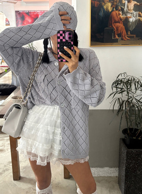 韩国东大门2025秋装菱格镂空翻领单排扣长袖针织开衫毛衣女外套