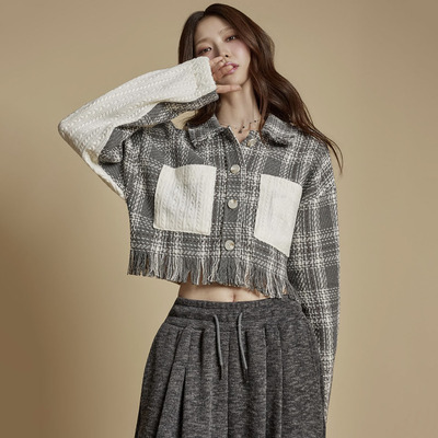 韩国流苏拼皮格纹短款长袖衬衫女