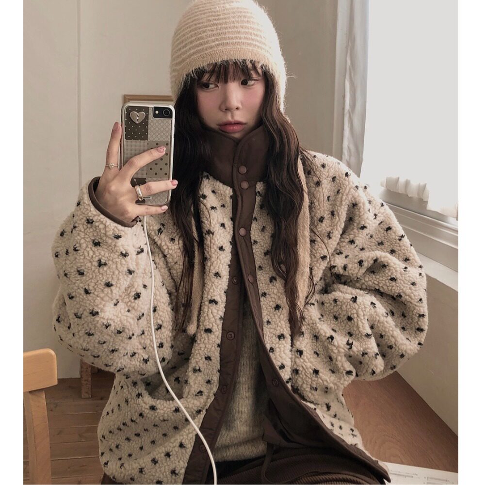 韩国爱心提花羊羔绒女棉外套