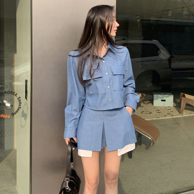 韩国蓝色翻领衬衫裙裤套装