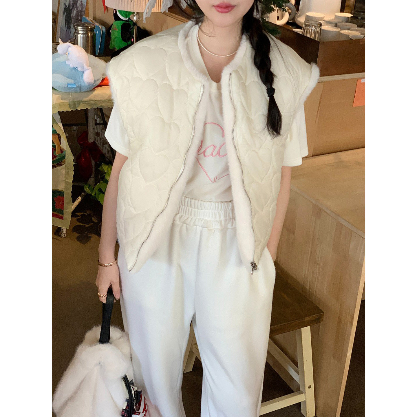 韩国东大门两面穿仿水貂绒皮草马甲短外套女爱心提花棉服马夹背心