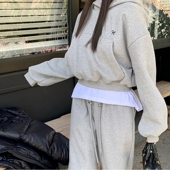 休闲运动套装 高腰抽绳束脚卫裤 卫衣 韩国东大门宽松连帽加绒短款