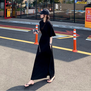 韩国东大门2024夏装懒惰宽松圆领侧褶皱收腰显瘦短袖连衣裙女长裙