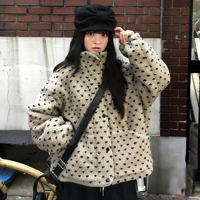 韩国爱心波点羊羔毛夹棉外套棉服