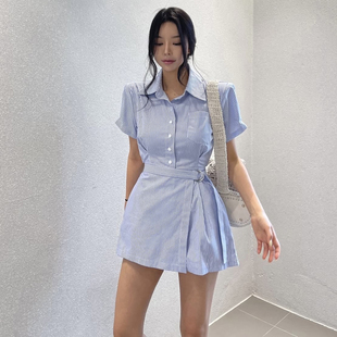 韩国东大门翻领条纹后背镂空短袖衬衫连体裤女假两件收腰连衣裤裙