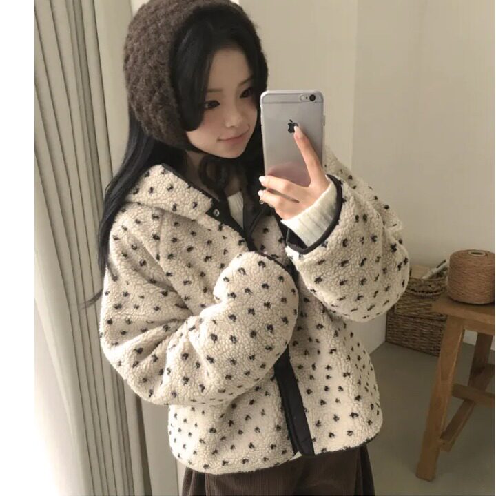 韩国两面穿爱心羊羔毛棉服外套