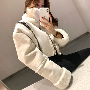 韩国东大门冬季网红时尚立领复古短款羊羔毛鹿皮绒机车夹克外套女