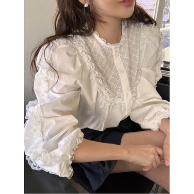 韩国蕾丝花边泡泡袖衬衫