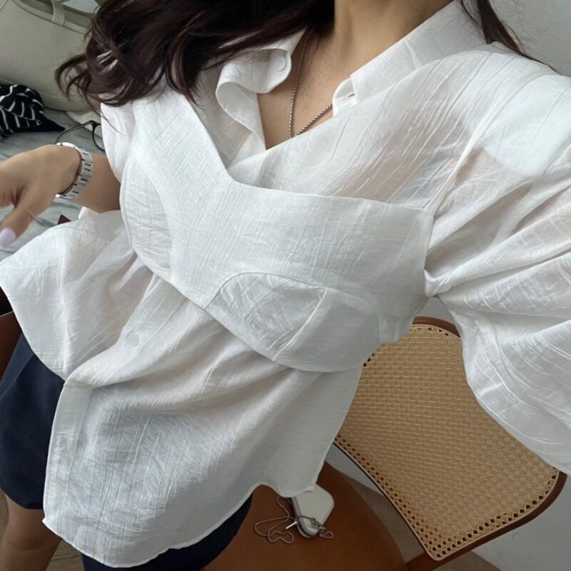韩国东大门设计感时尚翻领轻透系扣长袖衬衫女+抹胸吊带背心套装
