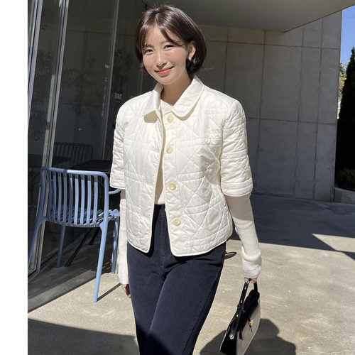 韩国菱格纹翻领短袖棉服外套女