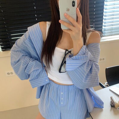 韩国翻领竖条纹衬衫短裤套装