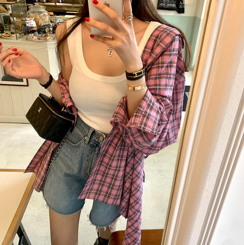 韩国翻领格子衬衫女防晒衫